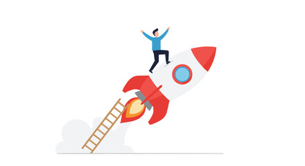 Business success concept with person riding rocket for innovation and growth in a vector illustration