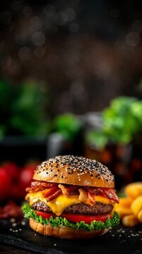 The ingredients of a beef burger falling off and landing in a bun. The hamburger then explodes and the ingredients go flying back into the air