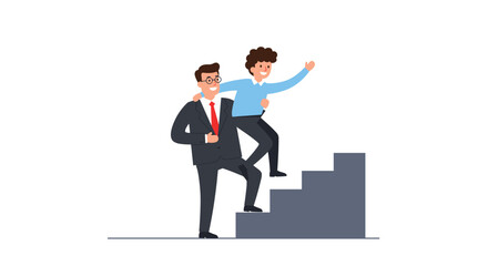 Teamwork and mentorship concept with two professionals climbing stairs for success vector illustration