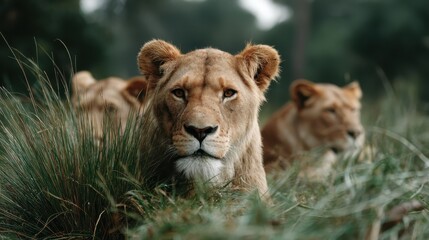 Fototapeta premium A close-up of a lioness surrounded by lush green grass, exhibiting a proud and fierce demeanor, capturing the essence of wildlife and the beauty of the natural world.
