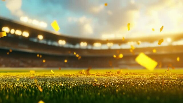 Confetti falling green grass field inside brightly lit stadium with blurred audience and warm sunlight creating energetic and festive outdoor sport event celebration atmosphere cloudy sky and bright
