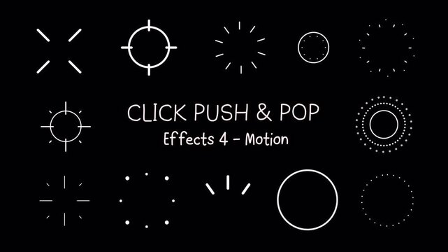 Set 4 of Click Push Pop line motion graphic effects, circle burst ray, radiant, burst, stars, confetti, sparkle, magical round wave animation on a transparent background, alpha channel - Powered by Adobe