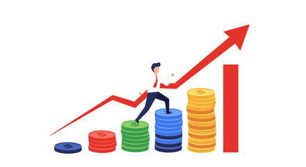 Business growth strategy concept with man climbing increasing coin stacks and upward arrow vector illustration