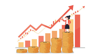Business growth and success concept with coins and rising graph vector illustration