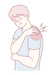 A straightforward illustration that depicts a young adult who is experiencing discomfort and pain in their shoulder