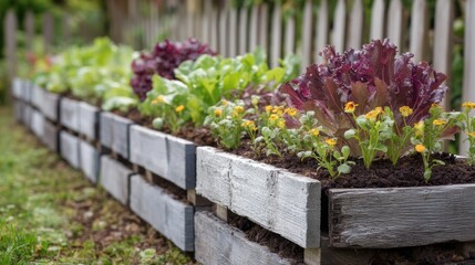 Cozy backyard shot of wooden pallet garden beds with mixed salad greens and edible flowers on a softly blurred picket fence background