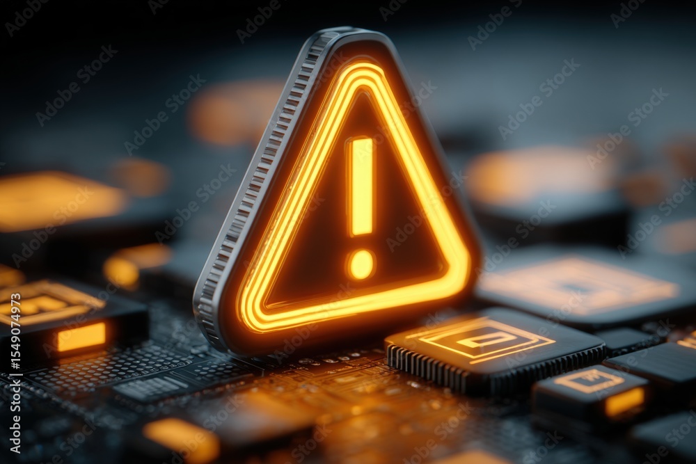 Poster Glowing warning sign on electronic circuit board with warning triangle and exclamation mark