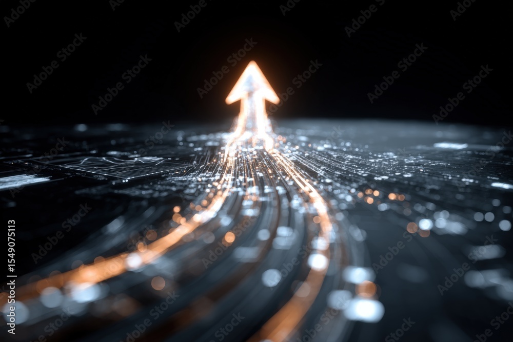 Poster futuristic glowing arrow symbol pointing upward on digital technological background