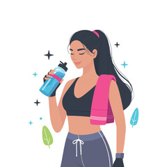 Active Woman Drinking Water After Exercise With Towel Over Shoulder