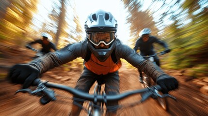 A thrilling scene of mountain bikers racing through a forest trail, demonstrating adrenaline, speed, and the joy of outdoor adventure in nature's lush surroundings.