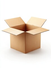 Open cardboard box with flaps spread out on plain white background for packaging
