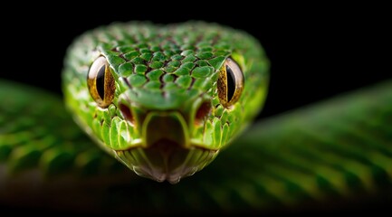Close-up of a vibrant green snake with detailed scales and piercing eyes on black background