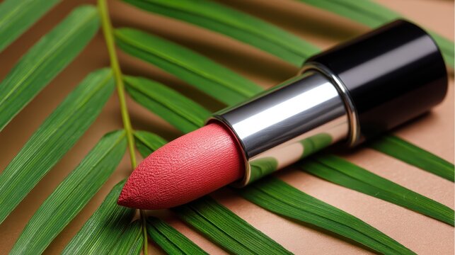 Crisp macro shot of a coral lipstick tip with texture detail on a softly blurred summer tropical backdrop