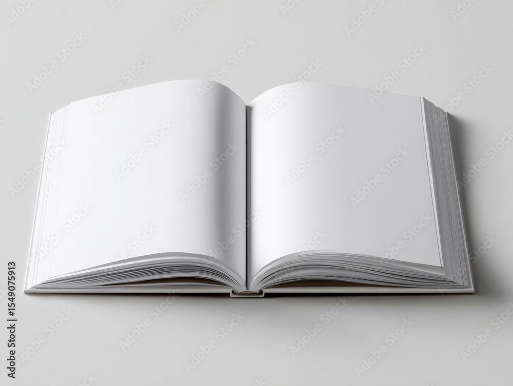 Poster open blank book or magazine with white pages on gray background for reading or writing
