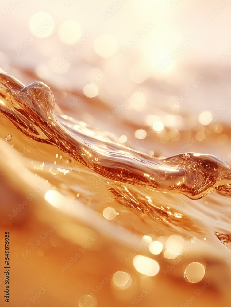 Poster Liquid Gold Flowing in Motion Close Up with Light Reflection and Bokeh Background
