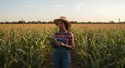 Farmer business woman in corn field. Woman farmer works in corn field. Agricultural business concept. Growing food. Harvest in field. Farmer field.