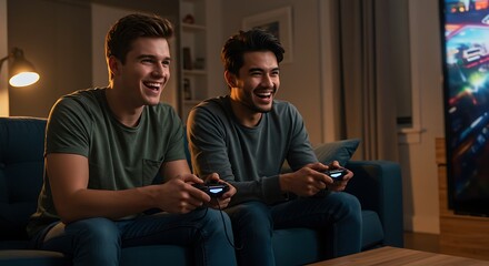 Excited smiling men playing in video games on tv at home on the couch. Friends with joysticks play game with happy emotions on faces