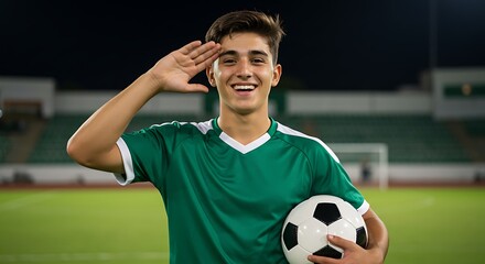 A cheerful soccer player smiles confidently, holding a soccer ball while gesturing a salute. He wears a green and white jersey, suggesting sportsmanship and enjoyment of the game