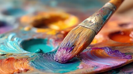 Fototapeta premium Artistic macro of paint brush strokes in vibrant hues on a softly blurred artist palette background