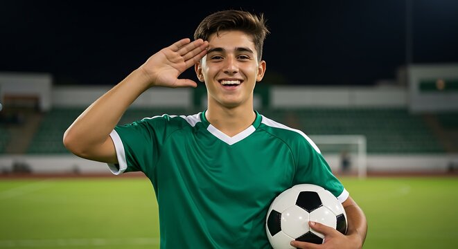 A cheerful soccer player smiles confidently, holding a soccer ball while gesturing a salute. He wears a green and white jersey, suggesting sportsmanship and enjoyment of the game