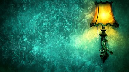 Vintage lamp casting a warm glow on intricately patterned wallpaper