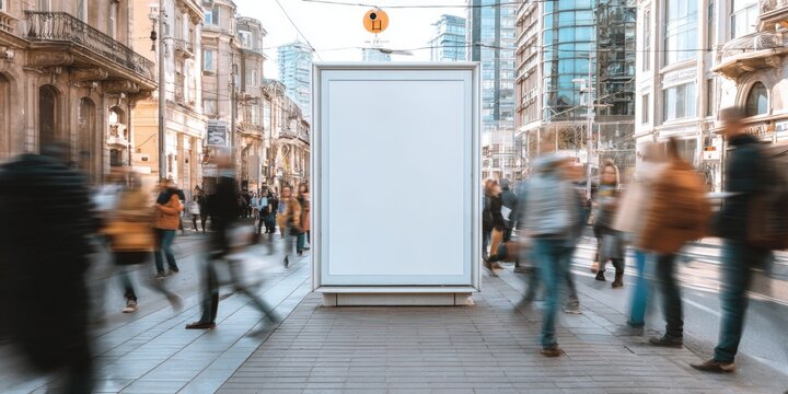 Busy urban city street with pedestrians walking past large advertising billboard in downtown area