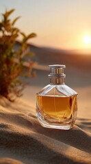 Elegant glass perfume bottle with golden liquid on sandy desert du sunset