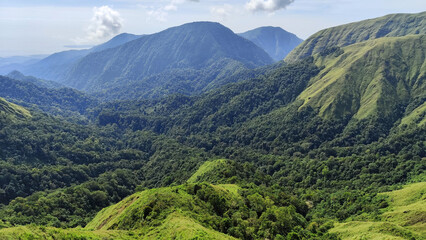 Summer mountain landscape with green grass and panoramic views of hills, trees, and sky
