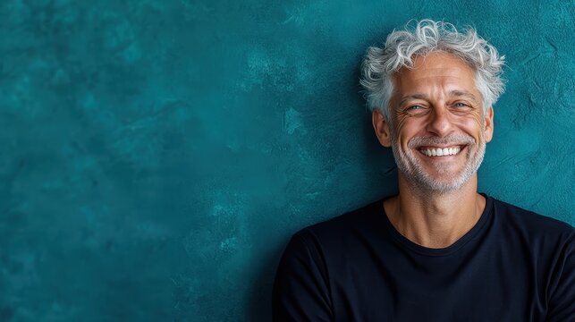A joyful older man with gray hair and a warm smile poses against a bright teal wall, representing positivity and the beauty of aging with grace and happiness.