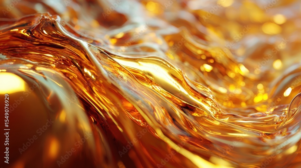 Poster Close-up of shiny flowing golden liquid with dynamic movement and reflections