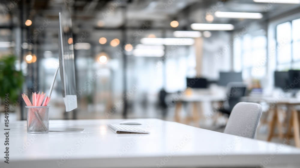 Poster modern office workspace with clean desk and large in professional environment