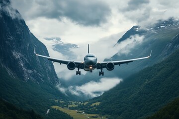 A passenger airplane flies low through a dramatic mountain range, showcasing its approach to landing amidst towering peaks and valleys under a cloudy sky