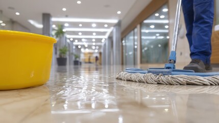 Professional janitor cleaning office floor with mop and water in modern building