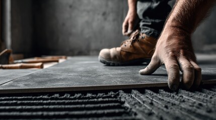 Skilled worker installing floo with precision in a professional construction site