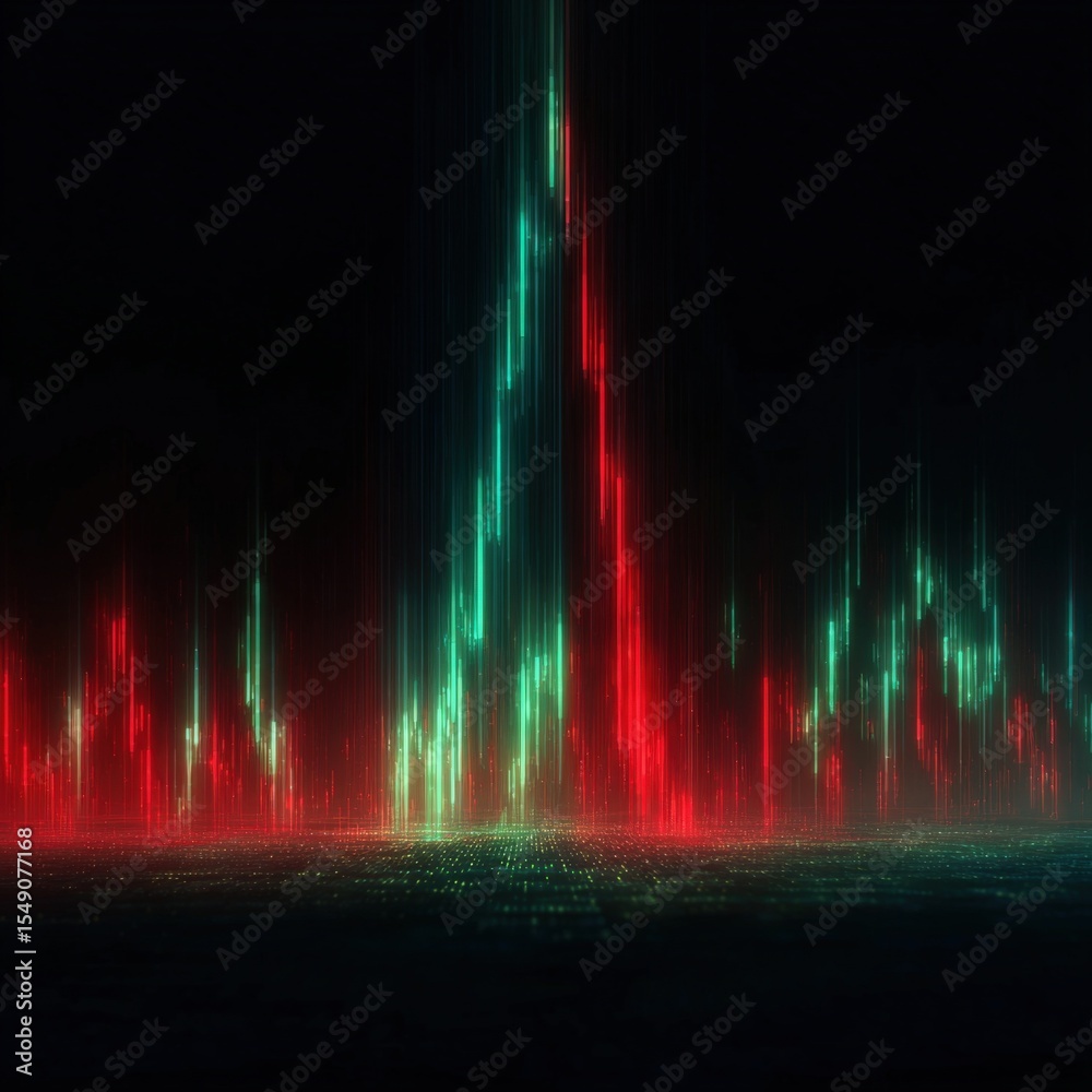 Poster dynamic light display with vertical green and red laser beams creating a futuristic atmosphere