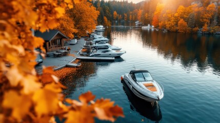 Obraz premium A picturesque lake scene with autumn boats docked alongside beautifully colored trees, embodying the tranquility of nature and the charm of fall season in vivid imagery.