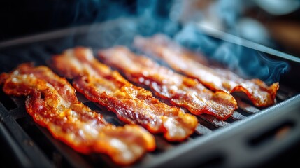 Delicious crispy bacon strips cooking on a grill with smoke and sizzling aroma