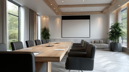 Fototapeta premium Modern conference room with large table black chairs and bright natural light