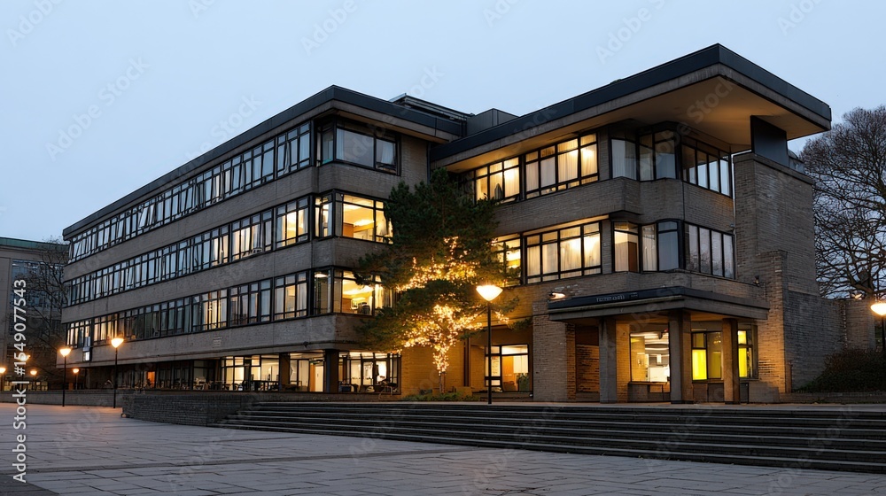 Poster modern multi-story apartment building with large glass and illuminated balconies in urban setting at