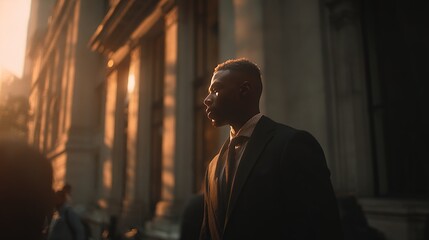 Elegant man silhouetted by sunset light near stately building