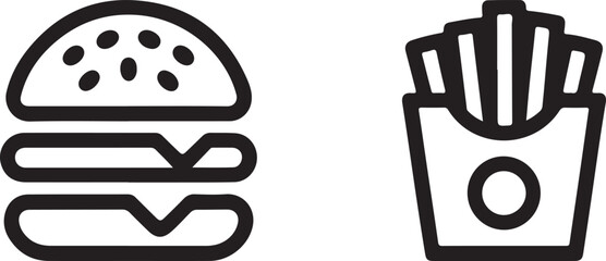 Simple outlined burger and fries icons for restaurant or menu design