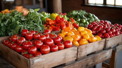 An array of fresh vegetables, including vibrant tomatoes and peppers, abundantly displayed in rustic wooden bins, showcasing the beauty and color of organic produce.
