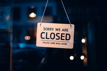 sorry we are closed sign hanging outside a restaurant, store, office or other. Closed sign in a shop showroom with reflections bokeh. 

