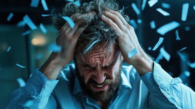 A man experiences intense frustration amidst falling confetti. His hands grasp his head, reflecting distress against a chaotic backdrop. Capturing raw human emotion.