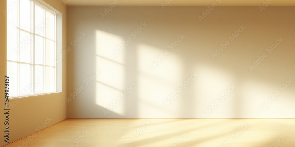 Poster Bright empty room with sunlight streaming through large and cast shadows