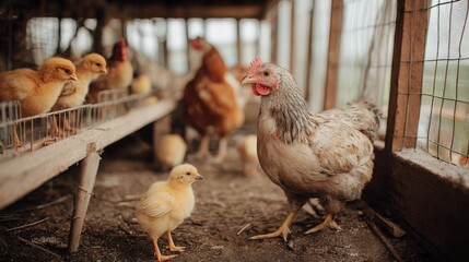 Close-up of adult hen and newly hatched chicks inside a rustic chicken coop