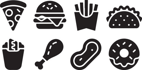 Vector icons of popular fast food snacks in solid black style