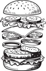 Double burger exploded sketch with detailed toppings and bun layers