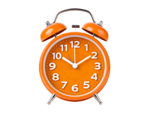 Orange alarm clock isolated on white, retro style timepiece.