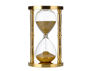 Gold hourglass isolated on white, classic sand timer for decor or timing.